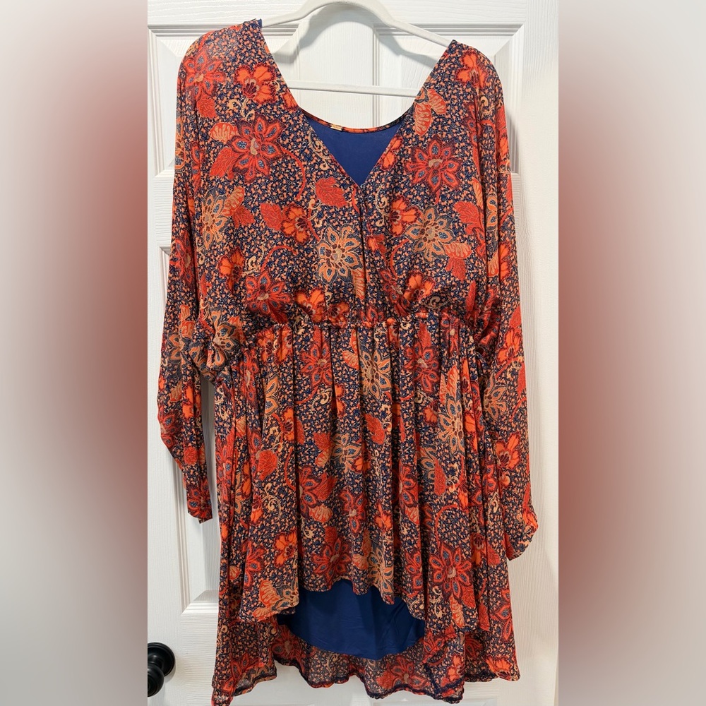 Free People Orange Navy Floral Babydoll Dress